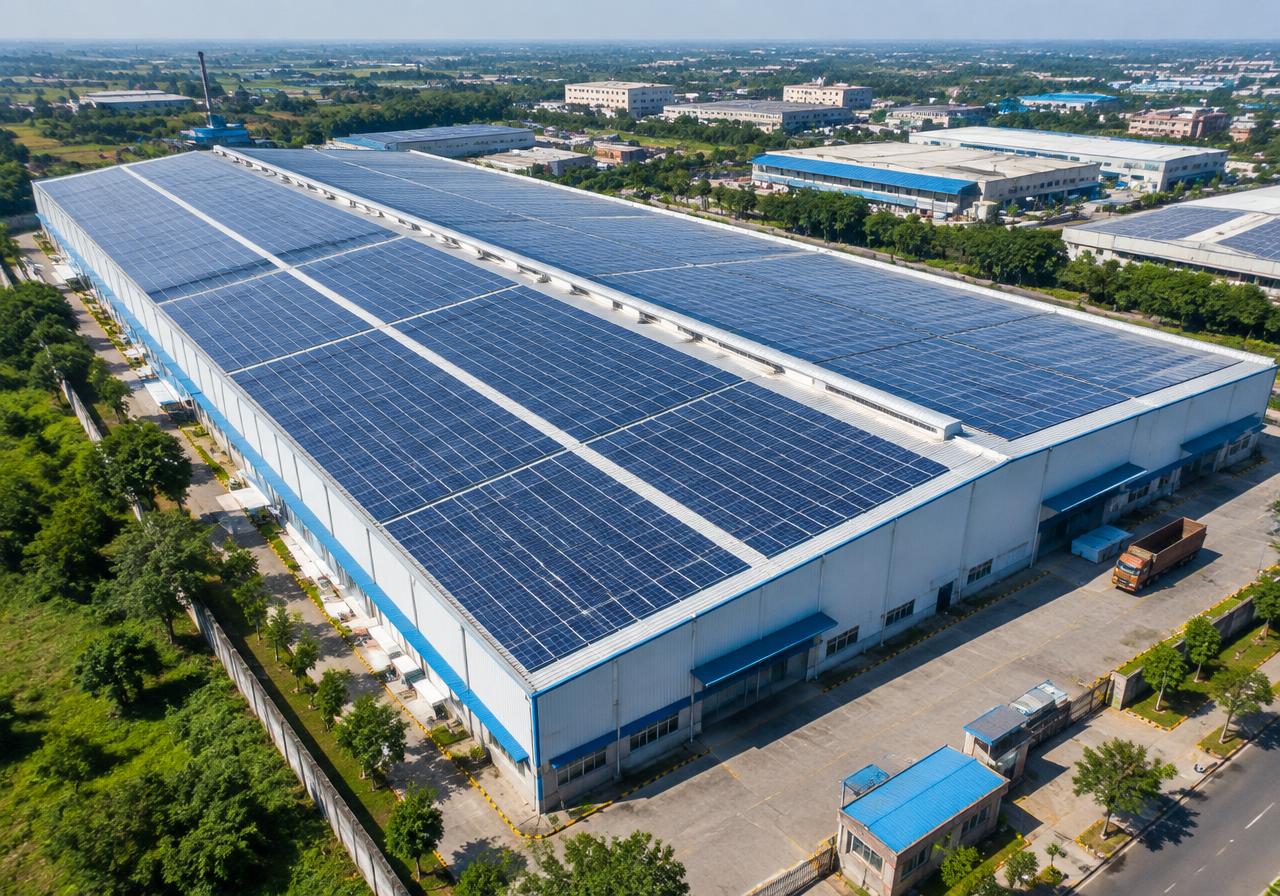 Aerial view of a factory roof covered with solar panels