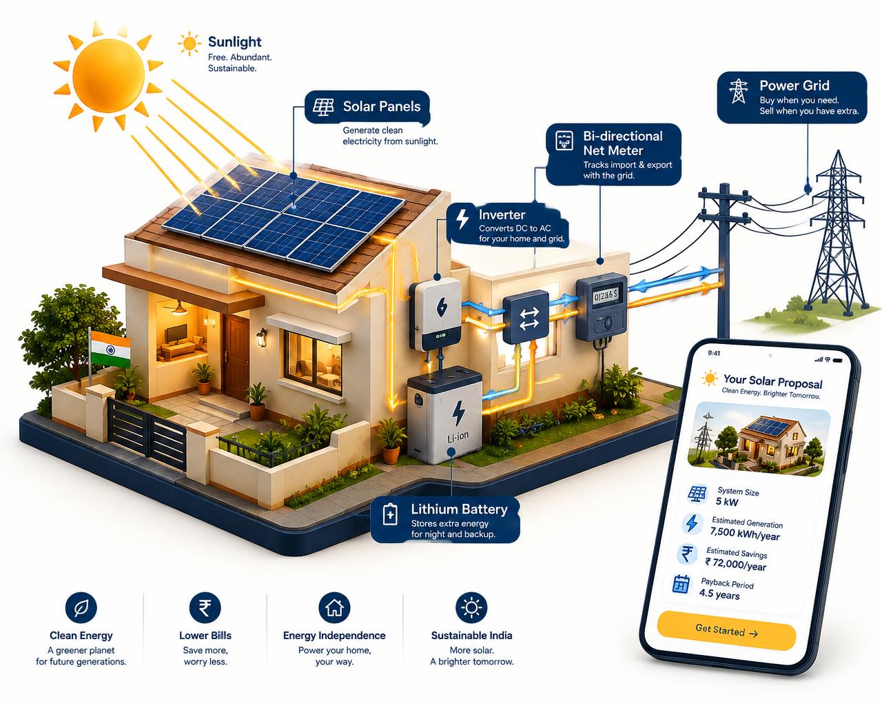 Illustration of a home solar system with panels, inverter, battery and net meter